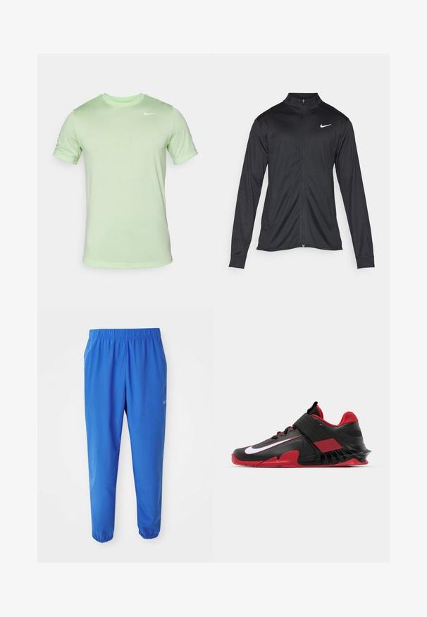 Crna sportska jakna s dugim rukavima, ovratnikom i punim patentnim zatvaračem. Ima suptilan Nike logo u bijeloj boji na gornjem lijevom dijelu prsne oznake. Glatka tekstura.; Nike Performance TEE RESET - Sportska majica - vapor green/white; Plave atletske hlače s elastičnim pojasom, ravnim dizajnom nogavica i sužavajućim porubima. Sadrži Nike logo u zlatnoj boji na lijevoj strani.; Crne i crvene atletske tenisice s modernim dizajnom, teksturiranim mrežastim gornjištem, čvrstim gumeni potplat i istaknutim bijelim logotipom.