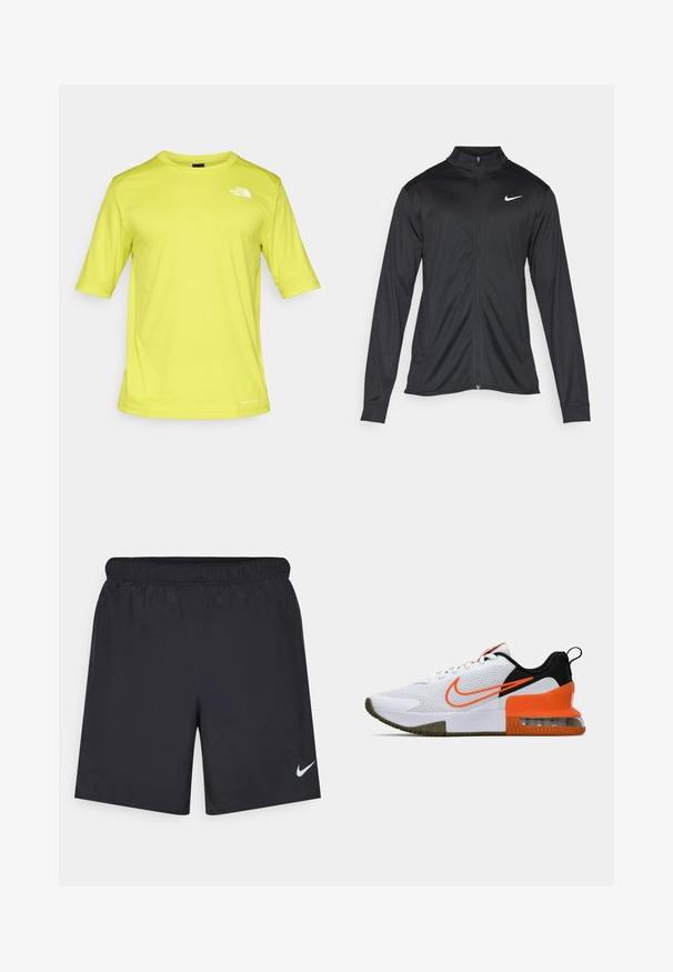 Must värvi sportlik jakk pikkade varrukatega, krae ja täispikk tõmblukk. Ülemises vasakus rinnas on diskreetne valge Nike logo. Sile tekstuur.; Lühikeste varrukatega särgid eredast kollasest, hingavast kangast, mille vasakul rinnal on väike valge logo ja struktuurne viimistlus.; Mustad mustikud lühikesed püksid, mis on valmistatud kergest materjalist ja millel on elastne vöökoht. Alumisel vasakul küljel on väike valge Nike logo.; Valge sportlik king, millel on tekstuuriga võrkkangas, mustad ja oranžid detailid, paks kummitald ja selge õhukambriga osa kanna juures.