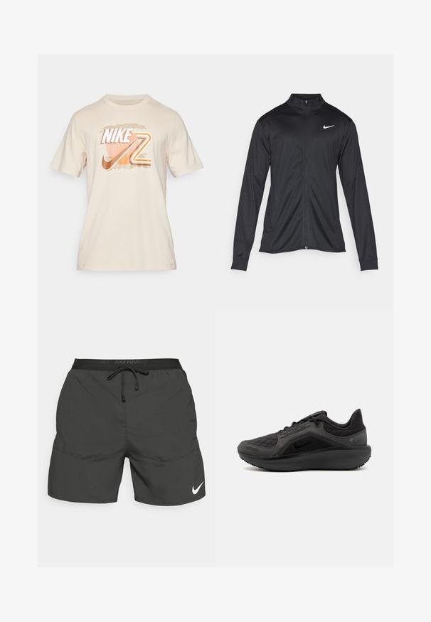 Μαύρο αθλητικό μπουφάν με μακριά μανίκια, γιακά και πλήρη φερμουάρ. Διαθέτει ένα διακριτικό λευκό λογότυπο της Nike στη πάνω αριστερή πλευρά του στήθους. Λείος υφασμάτινος χαρακτήρας.; Nike Performance COURT TEE - Αθλητικό μπλουζάκι - sanddrift; Μαύρες αθλητικές βερμούδες με ελαστική μέση, κορδόνι στη μέση, πλαϊνές τσέπες και λευκό λογότυπο Nike στο κάτω αριστερό πόδι.; Μαύρο αθλητικό παπούτσι με υφασμάτινη επένδυση με κέλυφος, κομψό σχέδιο και μαύρη καουτσούκ σόλα. Διαθέτει ορατό λογότυπο και σήμα Gore-Tex.