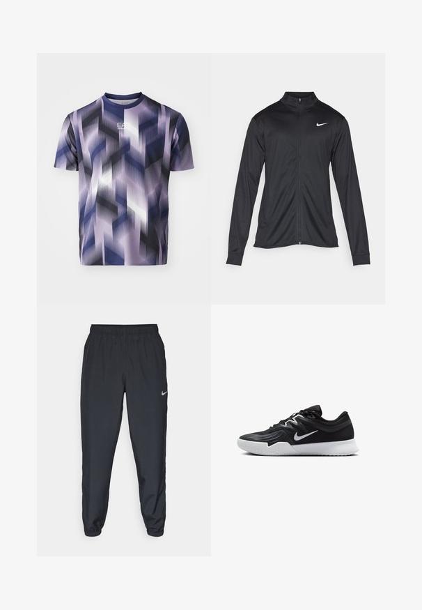 Crna sportska jakna s dugim rukavima, ovratnikom i punim patentnim zatvaračem. Ima suptilan Nike logo u bijeloj boji na gornjem lijevom dijelu prsne oznake. Glatka tekstura.; EA7 Emporio Armani TENNIS PRO TEE GRAPHIC - Sportska majica - fancy violet; Crne trenirke od laganog materijala s elastičnom trakom u struku, manžetama na gležnjevima i diskretnim Nike logom s lijeve strane.; Crna sportska cipela s teksturiranim gornjim dijelom, bijelim Nike swooshom i bijelim gumennim potplatom. Ima dizajn s vezanjem i dinamičan oblik.