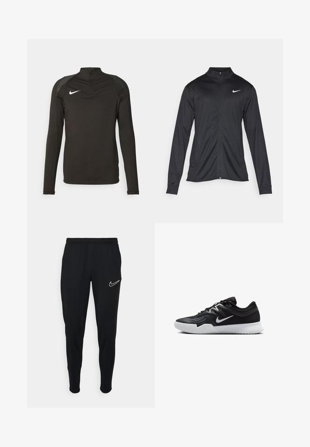Musta urheilutakki pitkillä hihoilla, kauluksella ja kokonaisella vetoketjulla. Täydentää hienovarainen Nike-logo valkoisena vasemmassa ylärinnassa. Litteä pinta.; Musta pitkähihainen urheilupaito, jossa on korkea kaulus, vetoketjukaulus ja harmaat olkapääkoristeet; paitassa on valkoinen Nike-logo rinnassa.; Mustat urheiluhousut, joissa on elastinen vyötärönauha, kapea malli ja valkoinen Nike-logo vasemmalla puolella. Pehmeä kangas, jolla on sileä pinta.; Musta urheilukenkä, jossa on teksturoitu päällinen, valkoinen Nike-tikkaus ja valkoinen kumipohja. Kenkässä on nauhakuji ja dynaaminen muoto.