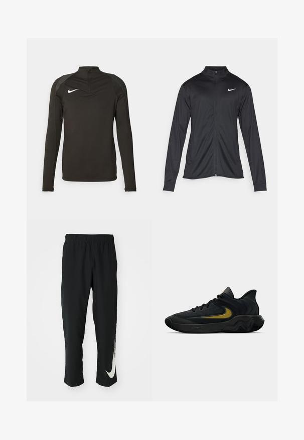 Jachetă sportivă neagră cu mâneci lungi, guler și fermoar complet. Prezintă un logo Nike subtil, alb, pe pieptul din stânga sus. Textură netedă.; Cămașă sport neagră cu mâneci lungi, guler înalt, gât cu fermoar și accente gri pe umeri; are un logo alb Nike pe piept.; Pantaloni sport negri cu talie elastică, design conic, având un mare logo alb Nike pe piciorul stâng. Material moale, ușor.; Pantofii sport negri și gri închis, cu șireturi negre și logo-ul aurit sub formă de swoosh, având un design al tălpii în valuri și un guler căptușit la călcâi.