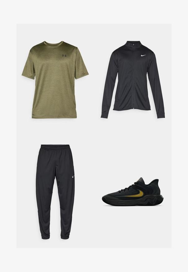 Sort atletisk jakke med lange ærmer, krave og fuld lynlås. Har et diskret Nike-logo i hvidt på den øverste venstre side af brystet. Glat tekstur.; Oliven grøn T-shirt med kortærmer og rund halsudskæring, som har en subtil meleret tekstur og et sort logo på brystet.; Sorte atletiske bukser med elastisk talje, snævre ben og et lille hvidt Nike-logo på venstre lår. Glat stof, ingen mønstre.; Sort og mørkegrå atletisk sko med sorte snørebånd og guld swoosh-logo, der har et bølget såledesign og polstret hælkant.
