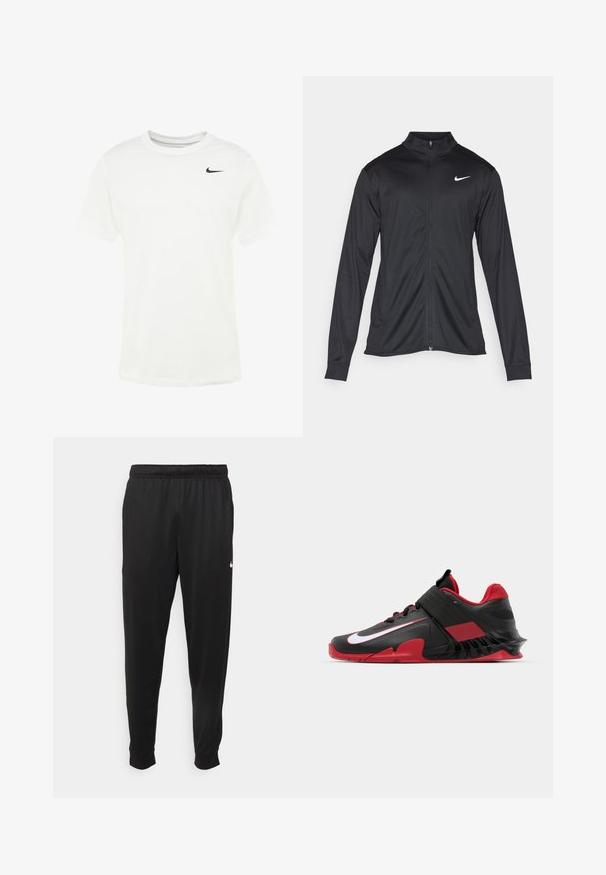 Fekete sportdzseki hosszú ujjal, gallérral és teljes cipzárral. Diszkrét fehér Nike logóval az upper bal mellen. Sima textúra.; Fehér pamut póló kerek nyakkivágással, rövid ujjakkal, és fekete Nike pipa logóval a bal mellrészen. Puha tapintású, normál szabású.; Fekete sportos nadrág sima anyagból, rugalmas derékkal, szűkülő lábakkal és egy kis fehér logóval a bal oldalon.; Fekete és piros sportcipők, amelyek karcsú dizájnnal, texturált hálós felső résszel, strapabíró gumitalppal és feltűnő fehér logóval rendelkeznek.