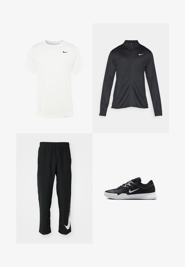 Giacca sportiva nera con maniche lunghe, colletto e zip completa. Presenta un logo Nike in bianco sulla parte superiore del lato sinistro del petto. Tessuto morbido.; T-shirt bianco in cotone con scollatura rotonda, maniche corte e logo Nike swoosh nero sul lato sinistro del petto. Tessuto morbido, vestibilità standard.; Pantaloni sportivi neri con cintura elasticizzata, design affusolato, caratterizzati da un grande logo Nike bianco sulla gamba sinistra. Tessuto morbido e leggero.; Scarpa sportiva nera con tomaia testurizzata, logo Nike swoosh bianco e suola in gomma bianca. Presenta un design con lacci e una forma dinamica.