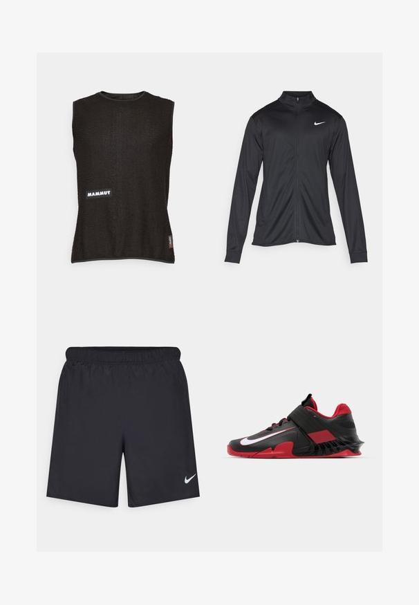 Black athletic jacket with long sleeves, collar, and full zipper. Features a subtle Nike logo in white on the upper left chest. Smooth texture.; Sleeveless black top with textured material, featuring a white "Mammut" logo and a small red accent tag on the side, rounded neckline.; Black athletic shorts made of lightweight material with an elastic waistband. Features a small white Nike logo on the lower left side.; Black and red athletic sneakers featuring a sleek design, textured mesh upper, sturdy rubber sole, and prominent white logo accent.