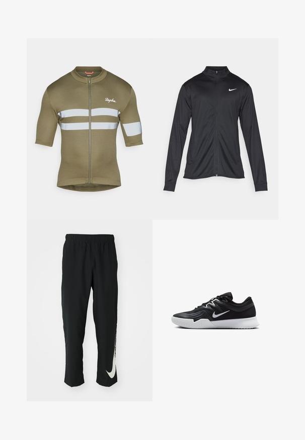 Veste de sport noire à manches longues, avec col et fermeture éclair intégrale. Présente un logo Nike subtil en blanc sur le côté supérieur gauche de la poitrine. Texture lisse.; Maillot de cyclisme vert olive à manches courtes, avec une fermeture éclair à l'avant et deux bandes réfléchissantes horizontales. Fabriqué en tissu doux et léger.; Pantalons de sport noirs avec une ceinture élastique, design fuselé, dotés d'un grand logo Nike blanc sur la jambe gauche. Tissu doux et léger.; Chaussure de sport noire avec une tige texturée, un swoosh blanc de Nike et une semelle extérieure en caoutchouc blanc. Elle présente un design à lacets et une forme dynamique.