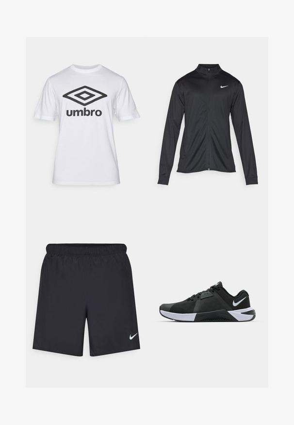 Jachetă sportivă neagră cu mâneci lungi, guler și fermoar complet. Prezintă un logo Nike subtil, alb, pe pieptul din stânga sus. Textură netedă.; Tricou alb din bumbac, cu un mare logo negru "Umbro" și un grafic cu diamant pe față. Mâneci scurte, guler rotund, croi clasic.; Pantaloni scurți atletici negri, fabricați dintr-un material ușor, cu un talie elastică. Au un mic logo alb Nike în partea stângă jos.; Nike Performance METCON 10 - Pantofi training - black/white/anthracite