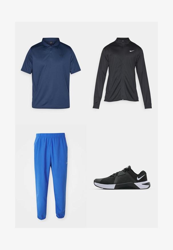 Svart idrettsjakke med lange ermer, krage og full glidelås. Har en subtil Nike-logo i hvitt på øvre venstre bryst. Glatt tekstur.; Marineblå polo skjorte laget av glatt, pustende stoff. Har klassisk krage, tre knapper og en liten logo på venstre bryst.; Blå treningsbukser med elastisk midje, rett ben design og innsnevrede mansjetter. Har Nike-logo i gull på venstre side.; Nike Performance METCON 10 - Treningssko - black/white/anthracite