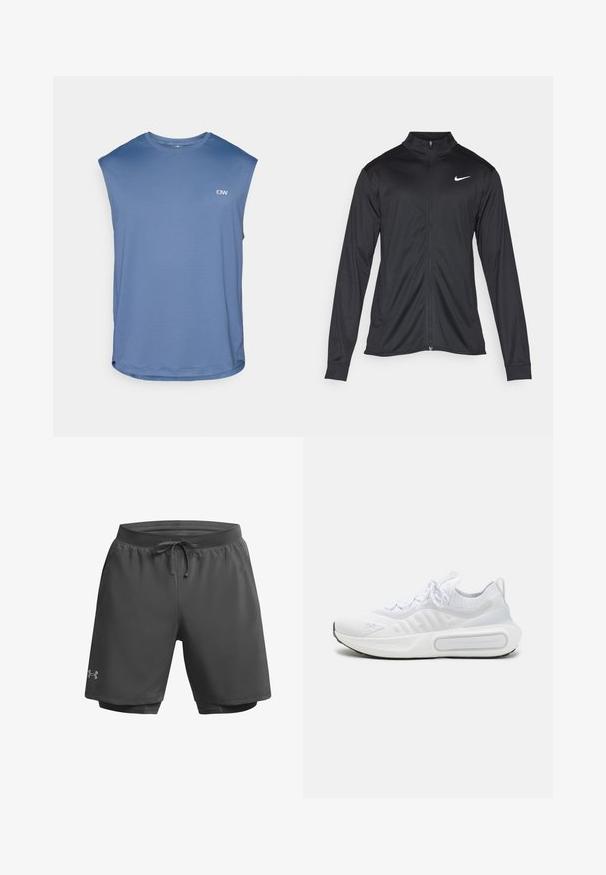 Black athletic jacket with long sleeves, collar, and full zipper. Features a subtle Nike logo in white on the upper left chest. Smooth texture.; ICANIWILL STRIDE SLEEVELESS - Top - dusty twilight blue; Dark gray athletic shorts with an elastic waistband, adjustable drawstring, and inner mesh lining; features subtle branding on the left leg.; White athletic shoe with a textured knit upper, lace-up closure, cushioned sole, and a distinctive branding detail on the side.