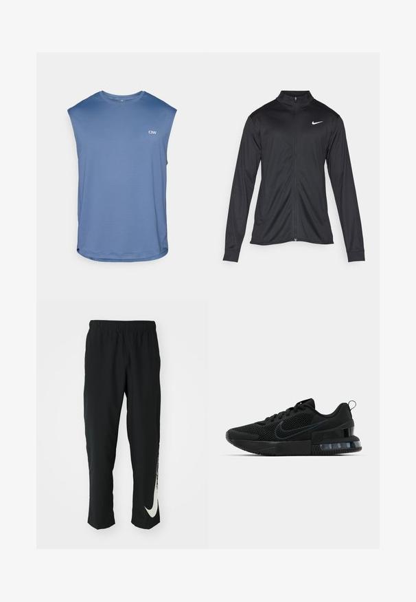 Zwarte sportjack met lange mouwen, kraag en volle rits. Voorzien van een subtiele Nike-logo in het wit op de bovenste linkerborst. Soepele textuur.; ICANIWILL STRIDE SLEEVELESS - Top - dusty twilight blue; Zwarte sportbroeken met elastische tailleband, taps toelopend ontwerp, met een groot wit Nike-logo op het linkerbeen. Zachte, lichte stof.; Zwarte Nike sportschoen met een bovenwerk van mesh, rubberen zool, gepolsterde kraag en een opvallende transparante hakaccent.
