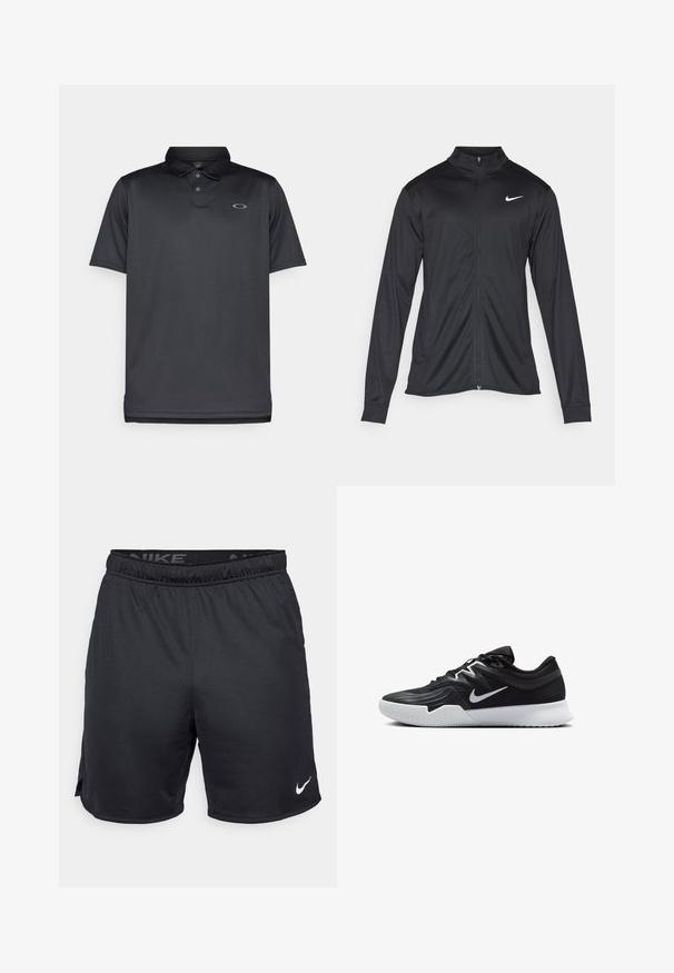 Must värvi sportlik jakk pikkade varrukatega, krae ja täispikk tõmblukk. Ülemises vasakus rinnas on diskreetne valge Nike logo. Sile tekstuur.; Must musta, mis on valmistatud siledast kangast, millel on krae, kolm nuppu, lühikesed varrukad ja väike hall logo vasaku rinna peal.; Mustad mustad Nike šortid elastse vöökohtadega, külgsuplementide ja alumise äärde valge Nike logo. Valmistatud kerge ja struktuurlise kangaga.; Must mustad jalanikesad rikaste ülaservaga, valge Nike swoosh'i ja valge kummist välispõhjaga. Omab paeltega sulgemisdetaili ja dünaamilist kuju.