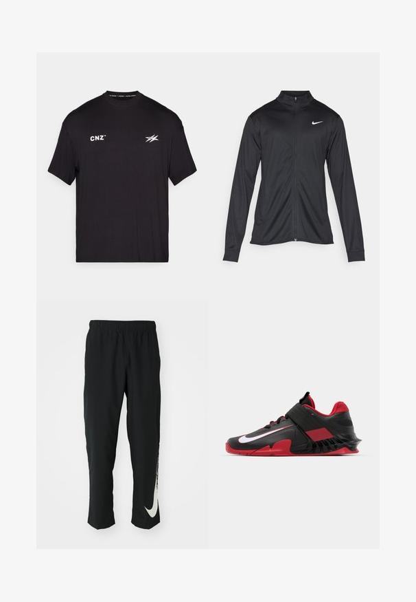 Sort atletisk jakke med lange ærmer, krave og fuld lynlås. Har et diskret Nike-logo i hvidt på den øverste venstre side af brystet. Glat tekstur.; Sort t-shirt med korte ærmer lavet af bomuld. Har hvid tekst "CNZ" og et stiliseret logo på forsiden. Enkel rund hals design.; Sorte træningsbukser med elastisk talje, der taper ind, og har et stort hvidt Nike-logo på venstre ben. Blødt, letvægtsstof.; Sorte og røde atletiske sneakers med et slankt design, struktureret mesh-overdel, robust gummisål og fremtrædende hvid logoaccent.