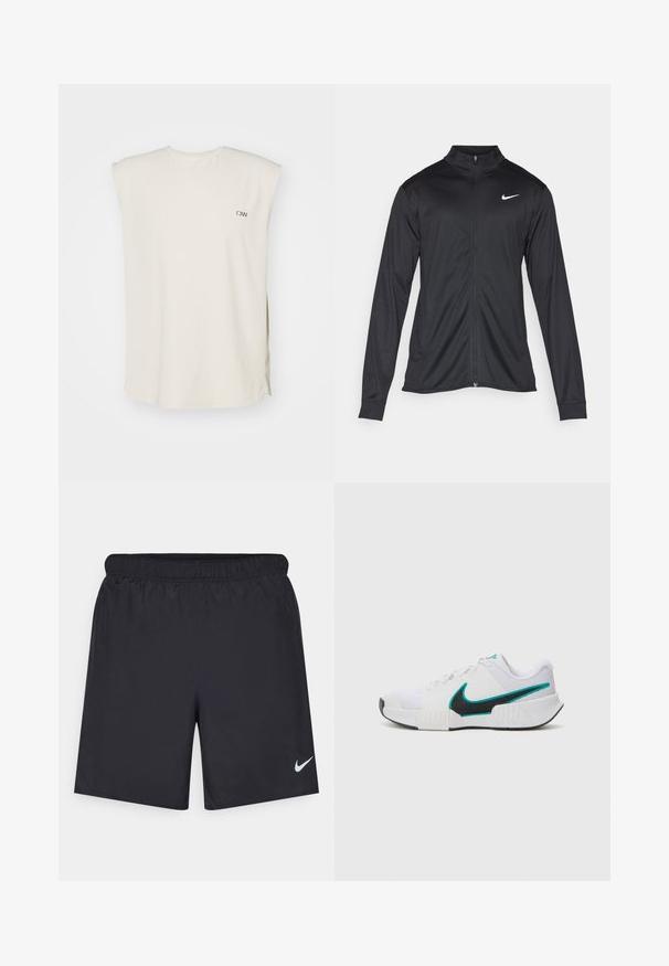 Fekete sportdzseki hosszú ujjal, gallérral és teljes cipzárral. Diszkrét fehér Nike logóval az upper bal mellen. Sima textúra.; Krém színű, ujjatlan felső könnyű anyagból, V-nyakkivágással, oldalsó sliccekkel és egy kis logóval a bal mellen.; Fekete sportnadrág könnyű anyagból, rugalmas derékkal. A bal alsó oldalon egy kis fehér Nike-logó található.; Fehér sportcipő, texturált hálós felsőrésszel, fekete gumi talppal és türkiz Nike pipa akcentussal. Fűzős, párnázott bokarésszel rendelkezik.