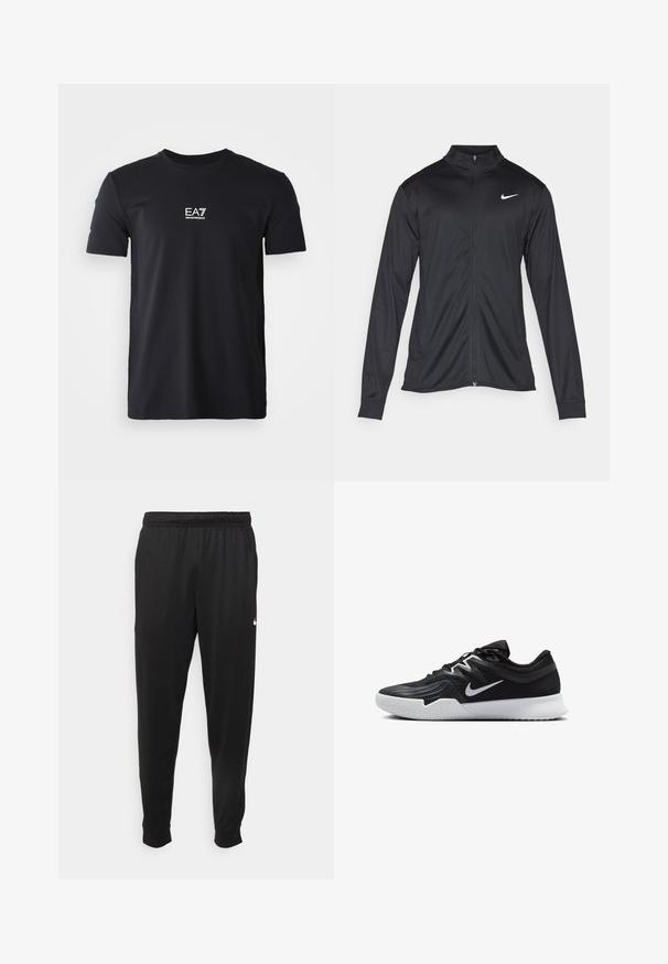 Musta urheilutakki pitkillä hihoilla, kauluksella ja kokonaisella vetoketjulla. Täydentää hienovarainen Nike-logo valkoisena vasemmassa ylärinnassa. Litteä pinta.; Musta lyhythihainen t-paita, joka on valmistettu sileästä kankaasta. Paidassa on pieni valkoinen logo rinnassa, pyöreä kaula-aukko ja normaali mitoitus.; Mustat urheiluhousut, jotka on valmistettu sileästä kankaasta. Niissä on joustava vyötärö, kapenevat lahkeet ja pieni valkoinen logo vasemmalla puolella.; Musta urheilukenkä, jossa on teksturoitu päällinen, valkoinen Nike-tikkaus ja valkoinen kumipohja. Kenkässä on nauhakuji ja dynaaminen muoto.