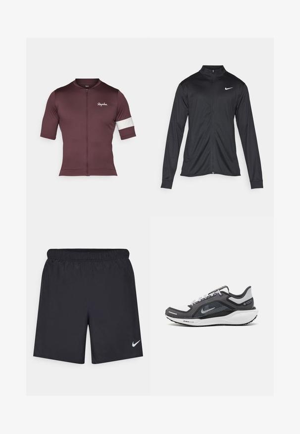 Sort atletisk jakke med lange ærmer, krave og fuld lynlås. Har et diskret Nike-logo i hvidt på den øverste venstre side af brystet. Glat tekstur.; Bordeaux cykeltrøje lavet af åndbart stof, med en kort lynlås, korte ærmer og en hvidstribet detalje på armen.; Sorte atletiske shorts lavet af letvægtsmateriale med en elastisk talje. Har et lille hvidt Nike-logo i nederste venstre hjørne.; Sort og grå atletisk sko med en mesh-overdel, reflekterende detaljer og en hvid mellemsål. Har en tekstureret gummisål og snørebånd.