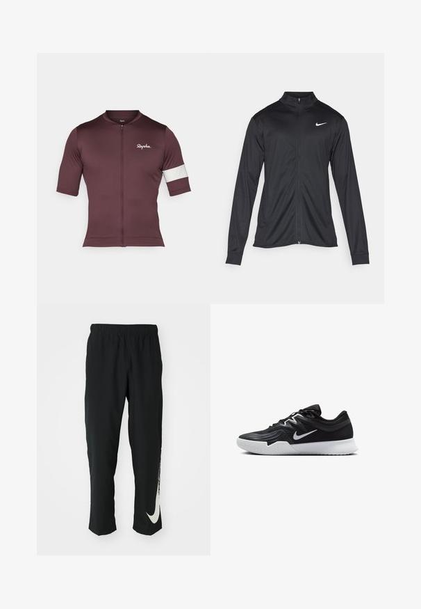 Crna sportska jakna s dugim rukavima, ovratnikom i punim patentnim zatvaračem. Ima suptilan Nike logo u bijeloj boji na gornjem lijevom dijelu prsne oznake. Glatka tekstura.; Bordo biciklistička majica napravljena od prozračnog materijala, s kratkim patentnim zatvaračem, kratkim rukavima i bijelim prugastim naglaskom na ruci.; Crne sportske hlače s elastičnim pojasom, suženi dizajn, sa velikim bijelim Nike logotipom na lijevoj nozi. Mekana, lagana tkanina.; Crna sportska cipela s teksturiranim gornjim dijelom, bijelim Nike swooshom i bijelim gumennim potplatom. Ima dizajn s vezanjem i dinamičan oblik.