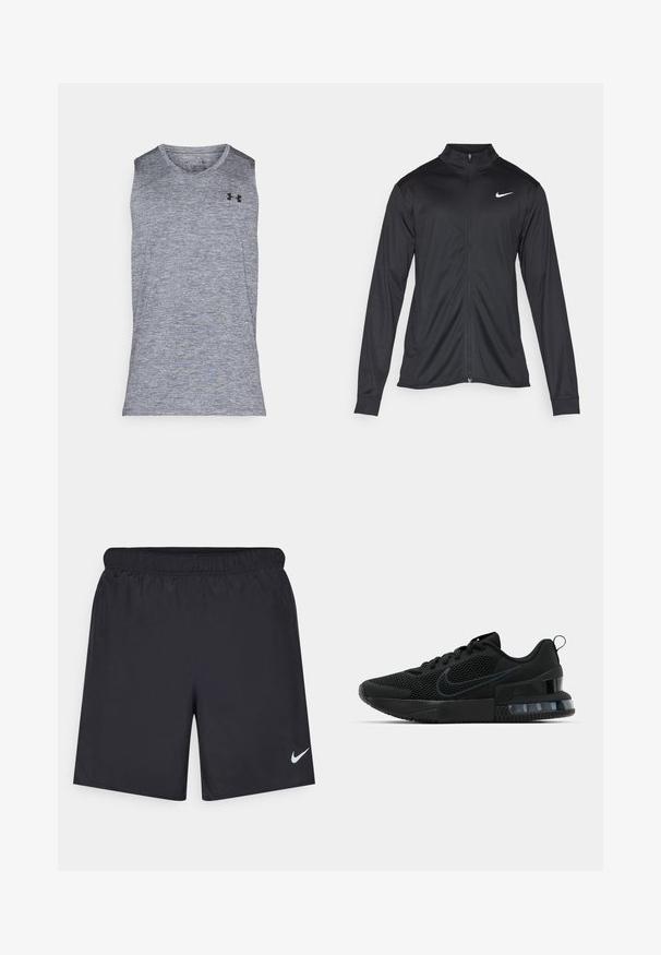 Svart idrettsjakke med lange ermer, krage og full glidelås. Har en subtil Nike-logo i hvitt på øvre venstre bryst. Glatt tekstur.; Grå ermeløs atletisk skjorte laget av et teksturert, fukttransporterende stoff. Har rund halslinning og en sort logo øverst til venstre.; Svart sportskjørt laget av lett materiale med elastisk linning. Har en liten hvit Nike-logo nederst til venstre.; Svart Nike treningssko med mesh-overdel, gummisåle, polstret krage og en distinkt gjennomsiktig hældetalj.