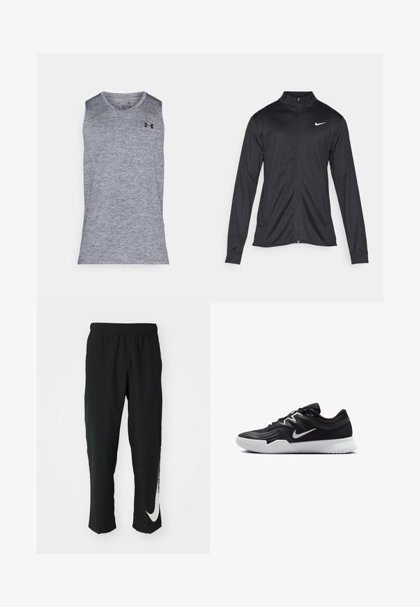 Fekete sportdzseki hosszú ujjal, gallérral és teljes cipzárral. Diszkrét fehér Nike logóval az upper bal mellen. Sima textúra.; Szürke, ujjatlan sportpóló, texturált, nedvességelvezető anyagból készült. Kerek nyakú, és a bal felső részen fekete logó található.; Fekete sportnadrág rugalmas derékpánttal, szűkített kialakítással, az előtérben egy nagy fehér Nike logóval a bal lábon. Puha, könnyű anyag.; Fekete sportcipő texturált felsőrésszel, fehér Nike logóval és fehér gumitalppal. Fűzős kialakítással és dinamikus formával rendelkezik.