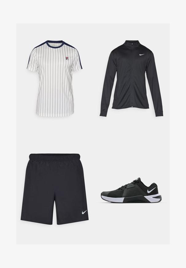 Svart idrottsjacka med långa ärmar, krage och full dragkedja. Har en diskret Nike-logga i vitt på övre vänstra bröstet. Slät yta.; Vit t-shirt med tunna marinblå vertikala ränder, ribbad marinblå krage och korta ärmar. Har en liten röd och marinblå logotyp på bröstet.; Svarta träningsshorts gjorda av lätt material med elastisk midja. Har en liten vit Nike-logotyp på nedre vänstra sidan.; Nike Performance METCON 10 - Träningsskor - black/white/anthracite