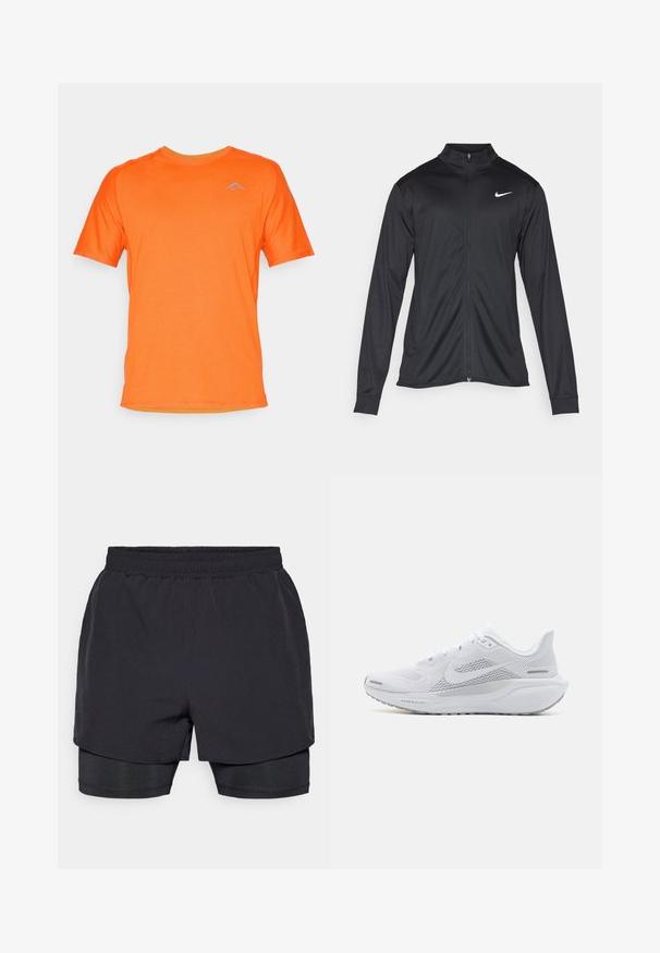 Μαύρο αθλητικό μπουφάν με μακριά μανίκια, γιακά και πλήρη φερμουάρ. Διαθέτει ένα διακριτικό λευκό λογότυπο της Nike στη πάνω αριστερή πλευρά του στήθους. Λείος υφασμάτινος χαρακτήρας.; T-shirt κοντομάνικο, με κολάρο crew, σε ζωηρό πορτοκαλί ύφασμα, που έχει ένα διακριτικό λογότυπο βουνού σε ανοιχτό μπλε στο στήθος. Λείος υφασμάτινος τύπος.; Μαύρα αθλητικά σορτς με ελαστική μέση, σχεδιασμένα σε στρώσεις και με εφαρμοστό εσωτερικό επίστρωμα. Λείος υφασμάτινος τύπος, σχεδιασμένα για άνεση.; Λευκό αθλητικό παπούτσι με άνω μέρος από δίχτυ, λεία επικαλύψεις, γκρι λεπτομέρειες, κορδόνια και με σόλα αφρώδους υλικού που έχει σχεδιαστεί για απόδοση.