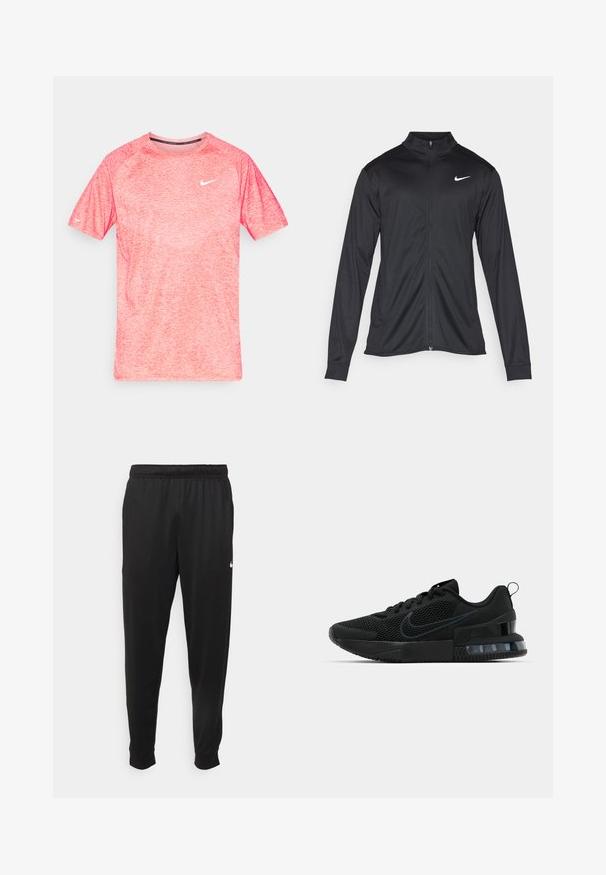 Czarna sportowa kurtka z długimi rękawami, kołnierzem i pełnym zamkiem. Posiada subtelne logo Nike w białym kolorze na lewej górnej części klatki piersiowej. Gładka tekstura.; Koszulka z krótkim rękawem, okrągłym dekoltem, w melanżowym różowym kolorze z białym logo Nike na klatce piersiowej. Charakteryzuje się teksturowanym wykończeniem oraz rękawami raglanowymi.; Czarne sportowe spodnie wykonane z gładkiego materiału, z elastycznym pasem, zwężanymi nogawkami i małym białym logo po lewej stronie.; Czarne buty sportowe Nike z siateczkową cholewką, gumową podeszwą, wyściełanym kołnierzem i wyraźnym przezroczystym akcentem na pięcie.