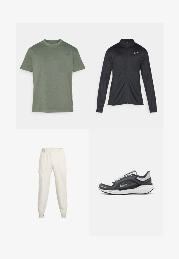 Black athletic jacket with long sleeves, collar, and full zipper. Features a subtle Nike logo in white on the upper left chest. Smooth texture.; Olive green cotton T-shirt, crew neck, short sleeves, with a small black logo on the left chest, and a relaxed fit.; Light beige jogger pants with an elastic waistband, side pockets, and ribbed cuffs; feature a black logo accent on the left hip.; Black and gray athletic shoe with a mesh upper, reflective accents, and a white midsole. Features textured rubber outsole and laces.