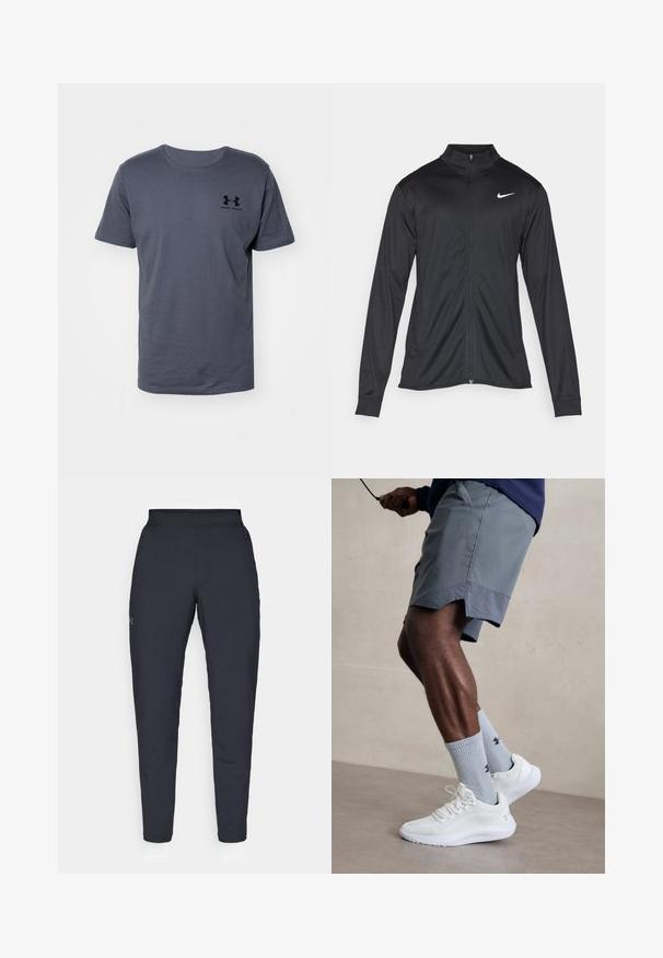 Fekete sportdzseki hosszú ujjal, gallérral és teljes cipzárral. Diszkrét fehér Nike logóval az upper bal mellen. Sima textúra.; Rövid ujjú, szürke pamut póló. Kerek nyakkivágással és egy kis fekete "Under Armour" logóval a bal mellen. Simább textúra.; Fekete sportnadrág sima textúrával, karcsú szabással, rugalmas derékrésszel és oldalzsebekkel. A bal combján egy kis logó található.; Fehér sportcipők, amelyek texturált hálós felsőrésszel rendelkeznek, világoskék bordázott zoknival, amely logót visel. Szürke sportshortok perforált díszítéssel.
