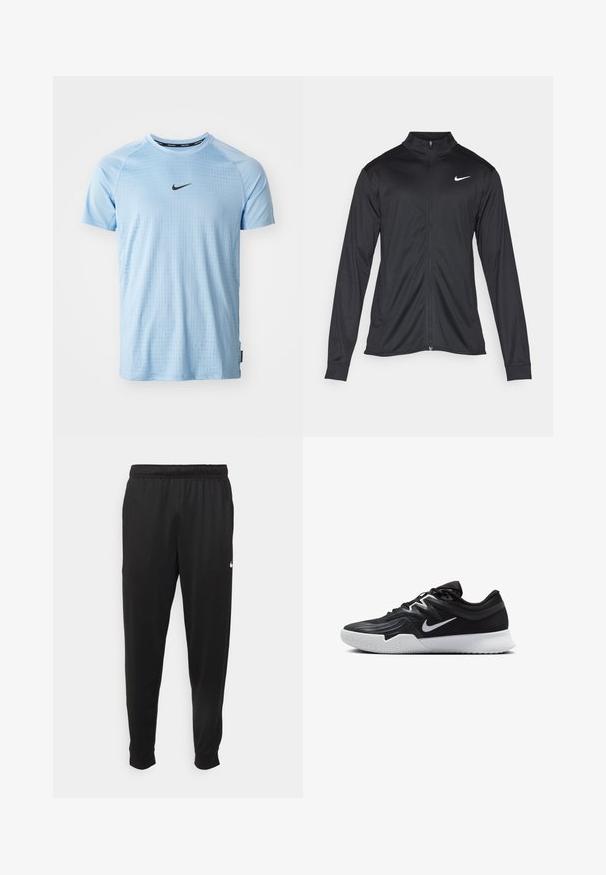 Fekete sportdzseki hosszú ujjal, gallérral és teljes cipzárral. Diszkrét fehér Nike logóval az upper bal mellen. Sima textúra.; Világoskék sportpóló sima anyagból. Kerek nyakkivágással, rövid ujjakkal rendelkezik, és a mellkason egy kis fekete Nike logó található.; Fekete sportos nadrág sima anyagból, rugalmas derékkal, szűkülő lábakkal és egy kis fehér logóval a bal oldalon.; Fekete sportcipő texturált felsőrésszel, fehér Nike logóval és fehér gumitalppal. Fűzős kialakítással és dinamikus formával rendelkezik.