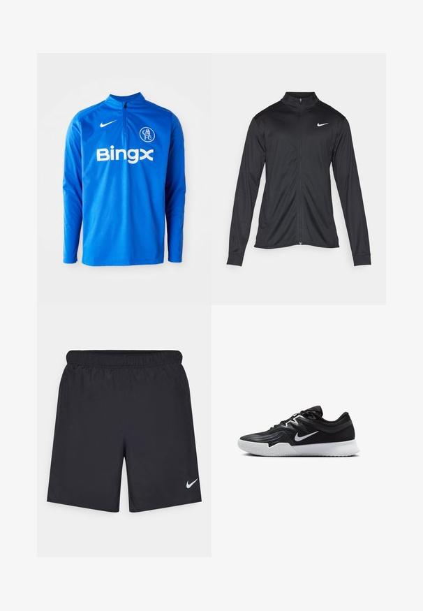 Schwarze Sportjacke mit langen Ärmeln, Kragen und voller Reißverschluss. Verfügt über ein dezentes Nike-Logo in Weiß auf der oberen linken Brust. Glatte Textur.; Blaues langärmeliges Sportoberteil aus leichtem Stoff. Mit einem halben Reißverschluss am Hals, Nike-Logo und "Bingx"-Branding auf der Vorderseite.; Schwarze sportliche Shorts aus leichtem Material mit einem elastischen Bund. Auf der unteren linken Seite befindet sich ein kleines weißes Nike-Logo.; Schwarzer Sportschuh mit strukturiertem Obermaterial, weißem Nike-Warenzeichen und einer weißen Gummisohle. Verfügt über ein Schnürdesign und eine dynamische Form.