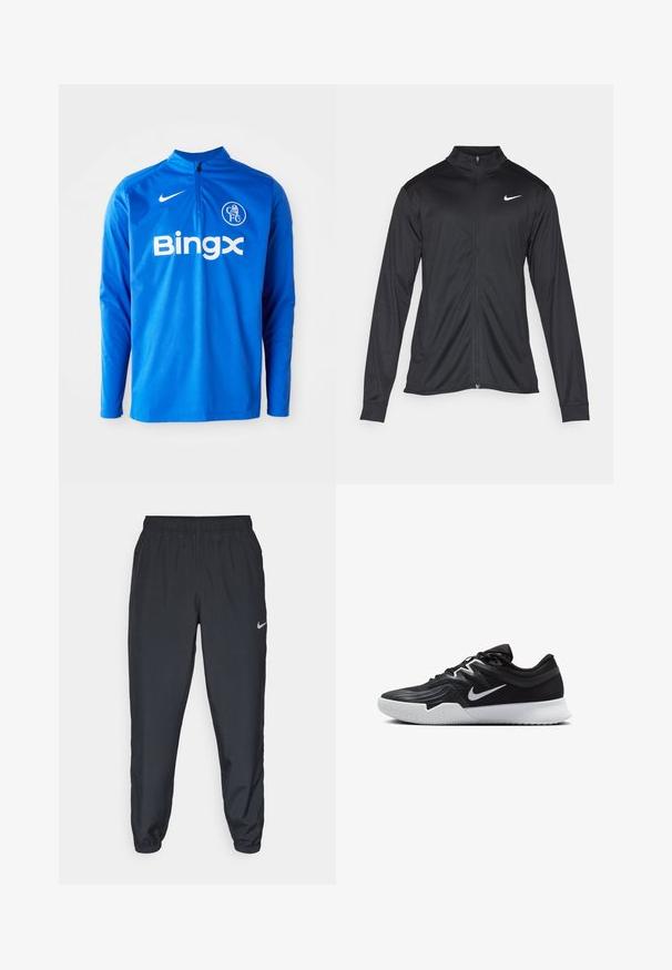 Musta urheilutakki pitkillä hihoilla, kauluksella ja kokonaisella vetoketjulla. Täydentää hienovarainen Nike-logo valkoisena vasemmassa ylärinnassa. Litteä pinta.; Sininen pitkähihaisten urheiluvaate, joka on valmistettu kevyestä kankaasta. Sisältää puolivetoketjun, Nike-logon ja "Bingx"-brändäyksen edessä.; Mustat juoksuhousut, jotka on valmistettu kevyestä kankaasta, jossa on joustava vyötärö, nilkkasuut ja huomaamaton Nike-logo vasemmalla puolella.; Musta urheilukenkä, jossa on teksturoitu päällinen, valkoinen Nike-tikkaus ja valkoinen kumipohja. Kenkässä on nauhakuji ja dynaaminen muoto.