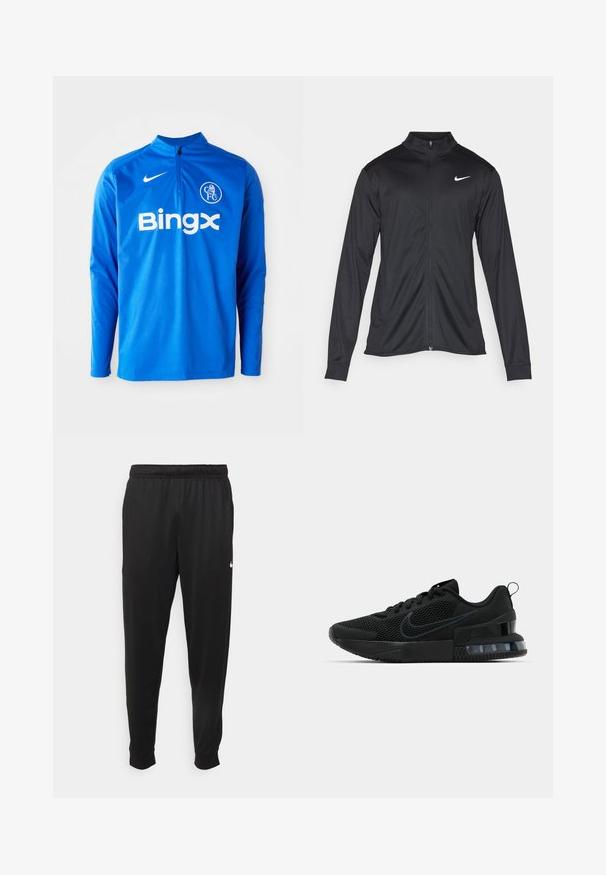 Schwarze Sportjacke mit langen Ärmeln, Kragen und voller Reißverschluss. Verfügt über ein dezentes Nike-Logo in Weiß auf der oberen linken Brust. Glatte Textur.; Blaues langärmeliges Sportoberteil aus leichtem Stoff. Mit einem halben Reißverschluss am Hals, Nike-Logo und "Bingx"-Branding auf der Vorderseite.; Schwarze Sporthosen aus glattem Stoff, mit einem elastischen Bund, schmal zulaufenden Beinen und einem kleinen weißen Logo auf der linken Seite.; Schwarze Nike-Sneaker mit einem Mesh-Obermaterial, einer strukturierten Sohle und einer sichtbaren Air-Einheit in der Ferse. Akzente und Logo in einem dunkleren Schwarzton.