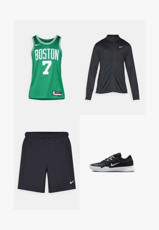 Melna sporta jaka ar garām piedurknēm, apkakli un pilnu rāvējslēdzēju. Uz kreisā krūts augšdaļas ir maigs Nike logo baltā krāsā. Gluda tekstūra.; Zaļš basketbola krekls ar baltu uzrakstu. Uz krekla ir vārds "BOSTON" un numurs "7". Izgatavots no elpojoša sieta materiāla, ar Nike logotipu un etiķeti.; Melnas sporta šorti, izgatavoti no viegla materiāla, ar elastīgu jostu. Uz apakšējā kreisā stūra ir neliels balts Nike logo.; Melni sporta apavi ar teksturētu virsu, balto Nike zulumu un balto gumijas zoli. Iezīmējas ar auklu pievilkšanas dizainu un dinamisku formu.