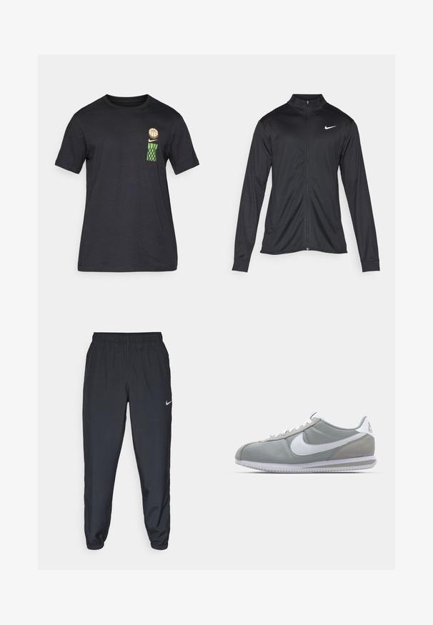 Must värvi sportlik jakk pikkade varrukatega, krae ja täispikk tõmblukk. Ülemises vasakus rinnas on diskreetne valge Nike logo. Sile tekstuur.; Must varrukatega t-särk, millel on väike graafiline kujutis korvpallist, kollane Nike logo ja roheline korvpallivõrk ülavasakul rinnal.; Kerged mustad spordipüksid, mis on valmistatud kerge kangaga, elastse vöökoha, pahkluude mansettide ja diskreetse Nike logo abil vasakul külgedel.; Hallitus hallikets pro piletse ja teki, valge Nike swoosh ja valged paelad. Omab tekstuuriga kummitalda ja polsterdatud krae.