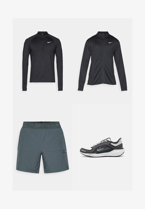 Veste de sport noire à manches longues, avec col et fermeture éclair intégrale. Présente un logo Nike subtil en blanc sur le côté supérieur gauche de la poitrine. Texture lisse.; Haut de sport noir à manches longues avec fermeture éclair quart et logo Nike en blanc sur la poitrine gauche, affiché sur un fond uni.; Shorts de sport gris en tissu léger, dotés d'une taille élastique avec "NIKE PRO" imprimé et d'un petit logo sur le côté.; Baskets de sport noires et grises avec un empeigne en maille, des accents réfléchissants et un intermédiaire blanc. Comprend une semelle extérieure en caoutchouc texturé et des lacets.