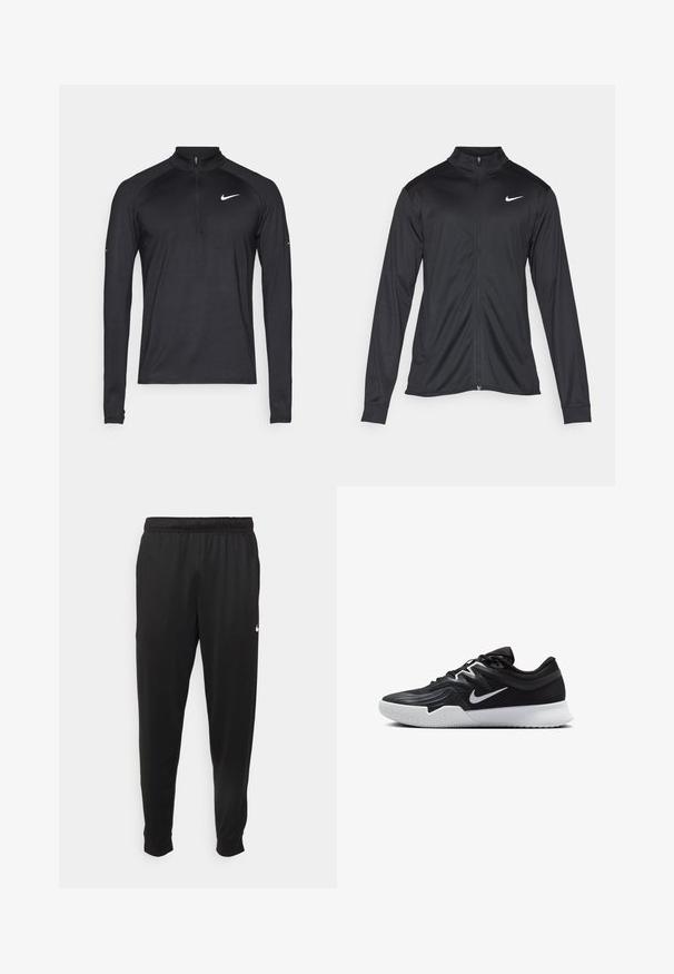 Black athletic jacket with long sleeves, collar, and full zipper. Features a subtle Nike logo in white on the upper left chest. Smooth texture.; Black long-sleeve athletic top with quarter zipper and white Nike swoosh logo on the left chest, displayed on a plain background.; Black athletic pants made of smooth fabric, featuring an elastic waistband, tapered legs, and a small white logo on the left side.; Black athletic shoe with a textured upper, white Nike swoosh, and a white rubber outsole. Features a lace-up design and dynamic shape.