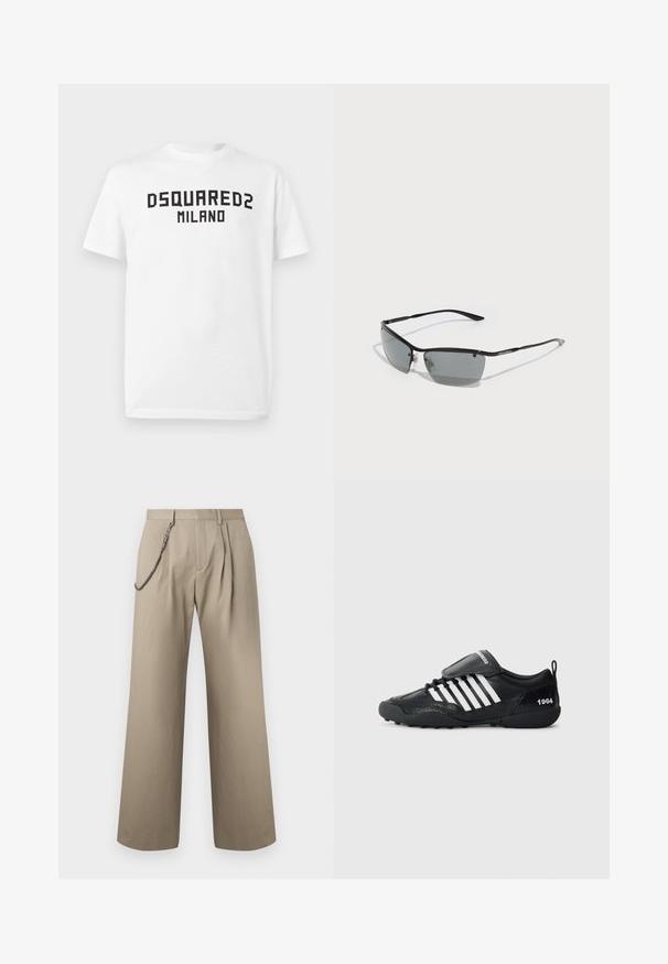 Zwarte wollen jas met lange mouwen, puntige kraag, knoopsluiting aan de voorkant en twee borstzakken met knoopflap tegen een witte achtergrond.; Zwarte gebreide trui met kabel- en wafeltjespatronen, ronde hals, lange mouwen en geribde boorden en zoom.; Witte T-shirt met korte mouwen en zwarte tekst "DSQUARED2 MILANO" gecentreerd op de borst tegen een effen witte achtergrond.; Beige wijde broek met plooien aan de voorkant en een metalen ketting bevestigd aan de linkerceintuurlus voor stijl.; Zwarte sportieve schoen met een textuur bovenwerk, witte gestreepte accenten, een gepolsterde kraag en een zwarte rubberen zool. Bevat een trekhaak en een "1964" detail.; Zonnebril met een slank zwart metalen frame, donkergrijze lenzen en dunne pootjes. Voorzien van verstelbare neuspads en subtiele branding aan de zijkant.