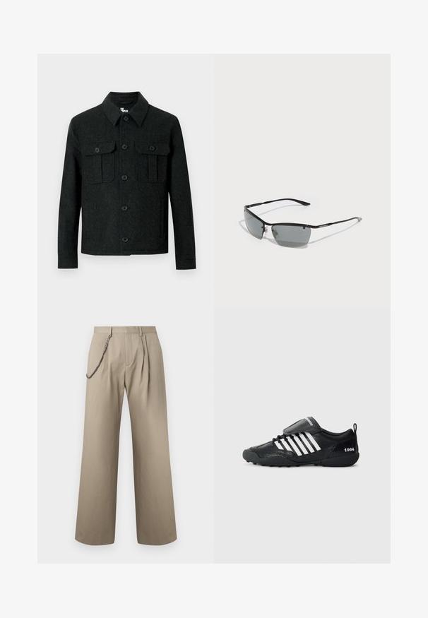 Black wool jacket with long sleeves, pointed collar, button front, and two button-flap chest pockets against a white background.; Black knitted sweater with cable and waffle patterns, crew neck, long sleeves, and ribbed cuffs and hem.; Beige wide-leg trousers with front pleats and a metal chain attached to the left belt loop for style.; Black athletic shoe with textured upper, white striped accents, padded collar, and a black rubber sole. Features a pull tab and “1964” detail.; Sunglasses with a sleek black metal frame, dark gray lenses, and thin arms. Features adjustable nose pads and subtle branding on the side.