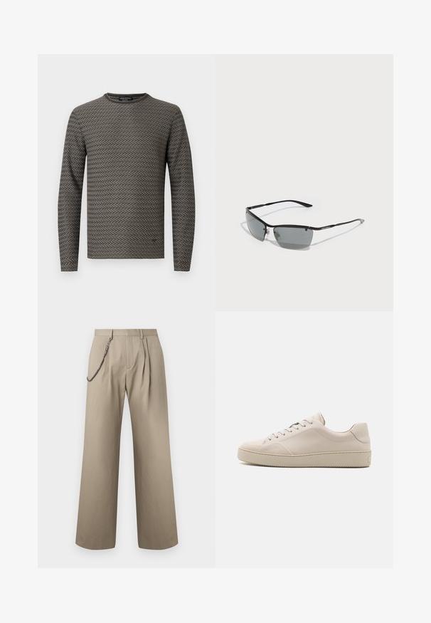 Schwarze Wolljacke mit langen Ärmeln, spitzem Kragen, durchgehender Knopfleiste und zwei Brusttaschen mit Knopflappen vor weißem Hintergrund.; Langärmeliges Hemd aus strukturiertem grauem Stoff mit Fischgrätmuster. Verfügt über einen Rundhalsausschnitt und eine lockere Passform. Geeignet für legere Anlässe.; Beige Hosen mit weitem Bein, vorderen Falten und einer Metallkette, die aus Stilgründen an der linken Gürtelschlaufe befestigt ist.; Beige Leder-Sneaker mit glatter Oberfläche, abgerundetem Zehenbereich, flacher Sohle und klassischem Schnürdesign. Dezente Nähte und strukturierte Laufsohle.; Sonnenbrille mit einem schlanken schwarzen Metallrahmen, dunkelgrauen Gläsern und dünnen Bügeln. Verfügt über verstellbare Nasenpolster und dezente Markenkennzeichnung an der Seite.