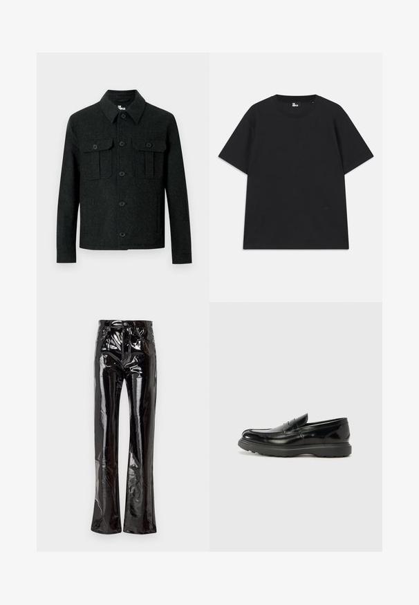 Jachetă neagră din lână, cu mâneci lungi, guler ascuțit, nasturi în față și două buzunare la piept cu clapetă și nasturi, pe fundal alb.; Tricou negru cu mânecă scurtă, din bumbac, având un decolteu circular și un mic detaliu cu logo aproape de tiv. Textură netedă, croială normală.; Pantaloni negri cu talie înaltă, evazați, din vinil lucios, cu buzunare frontale, închidere cu fermoar și detalii de cusătură expuse.; Mocasin din piele neagră cu o finisare lucioasă, vârf rotunjit, detalii de cusătură subtile și o talpă groasă din cauciuc pentru durabilitate.
