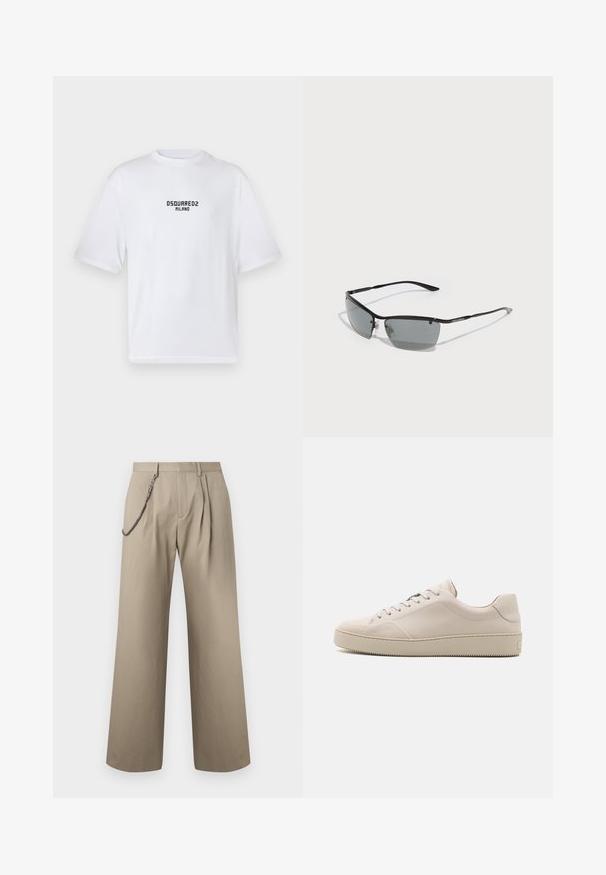 Veste en laine noire à manches longues, col pointu, fermeture boutonnée et deux poches poitrine à rabat avec bouton, sur fond blanc.; T-shirt en coton blanc avec un col rond et des manches courtes. Présente un logo imprimé noir portant l'inscription "DSQUARED2 MILANO" sur la poitrine.; Pantalon beige à jambes larges avec plis à l'avant et une chaîne métallique attachée au passant de ceinture gauche pour le style.; Baskets en cuir beige avec une finition lisse, bout rond, semelle plate et design classique à lacets. Des accents de couture subtils et une semelle extérieure texturée.; Lunettes de soleil avec une monture en métal noir élégant, verres gris foncé et branches fines. Équipées de plaquettes de nez ajustables et d'un logo subtil sur le côté.