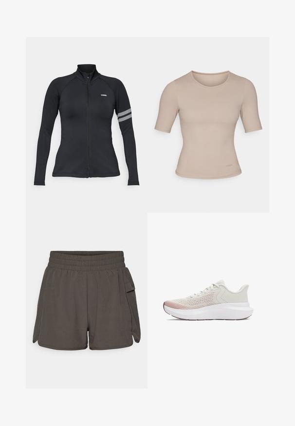 Melna sporta jaka ar rāvējslēdzēju un garām piedurknēm, ar augstu apkakli, raglanu piedurknēm un atstarojošu svītru akcentu kreisajā rokā.; Bežs īsām piedurknēm tops ar pieguļošu dizainu, izgatavots no gludas auduma ar apaļu kaklu. Satur minimālas šuvju detaļas un birku apakšmalā.; Tumši pelēki sporta šorti ar elastīgu jostu, ar sānu kabatām un vieglu, gludu audumu. Īsa garuma ar brīvu piegriezumu.; Vieglie sporta apavi ar elpojošu baltu sietu augšdaļu, gradienta rozā akcentiem un biezu baltu zoli ar teksturētu apdari.