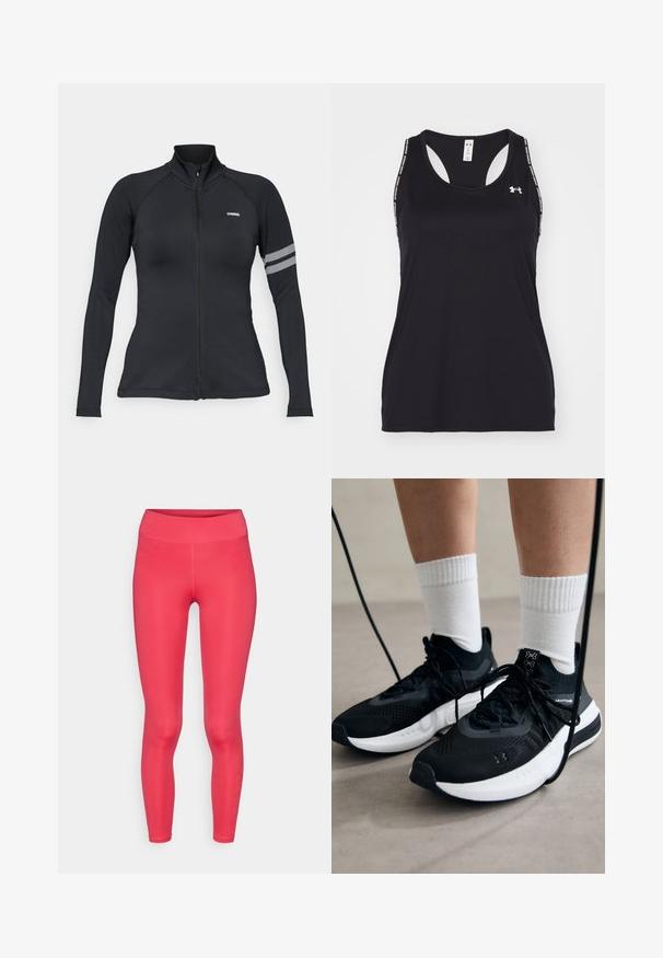 Jachetă sport neagră cu fermoar, cu mâneci lungi, având un guler înalt, mâneci raglan și un accent reflectorizant pe partea stângă a brațului.; Top sportiv negru fără mâneci, cu decolteu adânc și design tip racerback. Prezentă logo-ul și bretelele cu un model. Fabricat dintr-un material ușor și respirabil.; Leggings roz intens cu talie înaltă, textură netedă și design mulat. Prezintă o branding subtil în partea de jos a piciorului stâng.; Căști atletice negre cu țesătură texturată, talpă albă și șireturi negre. Purtați cu șosete albe cu riflaje, stând pe o suprafață deschisă.