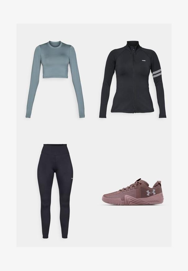 Juoda zip-up sportinė striukė su ilgomis rankovėmis, turi aukštą apykaklę, raglan rankoves ir atspindinčią juostą kairėje rankoje.; Ilgomis rankovėmis, trumpas viršus iš švelnaus, tamprios šviesiai mėlynos medžiagos, su apvaliomis iškirpėmis ir subtiliu logotipu priekyje.; Aukštai aukštus juodus leganus, pagamintus iš elastingos medžiagos, su lygia tekstūra ir mažu logotipu ant apatinių kojų. Prigludusi dizaino forma.; Tamsiai rožiniai sportiniai bateliai su tekstūruotu tinkleliu, guminis padas ir žymus sukibimo raštas; šone yra logotipas ir paminkštintas apykaklė.