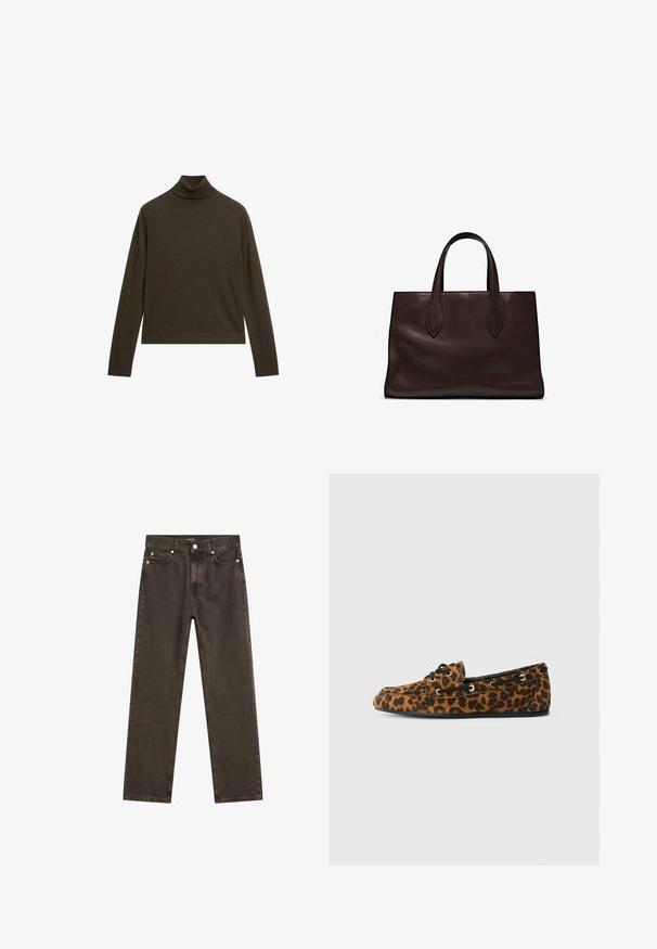Giacca nera corta con ampio colletto di pelliccia voluminosa, bordo in pelliccia lungo l'orlo e le maniche, esposta su sfondo bianco.; Maglione a collo alto verde scuro realizzato in tessuto morbido, con maniche lunghe e collo a coste, dal taglio morbido e design minimalista.; Jeans dritti di colore marrone scuro in denim, caratterizzati da un classico design a cinque tasche, accessori in metallo e dettagli di cucitura visibili.; Mocassini con stampa leopardata, dalla texture morbida, forma arrotondata, lacci neri e occhielli dorati, con suola piatta in gomma.; Borsa a spalla in pelle marrone con due manici lunghi, forma rettangolare strutturata, texture liscia e dettagli di cucitura sottili.; Orecchini a cerchio in argento con finitura lucida, caratterizzati da una forma circolare e una chiusura a cerniera, che enfatizzano un design elegante e minimalista.