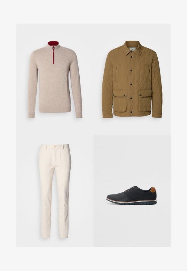 Jachetă matlasată de culoare bej închis, cu guler ascuțit, nasturi negri cu capse și patru buzunare cu cusături în contrast. Material moale, texturat.; Pulover bej cu guler înalt și fermoar scurt. Are accente roșii de-a lungul fermoarului și o textură netedă, moale.; Pantaloni bej deschis, croiți, realizați dintr-un material moale. Prezintă încheiere cu boton, bucle pentru cinturón și un design slim, cu picioare drepte, având o textură minimă.; Pantofi sintetici negri cu un superior texturat, accente netede, toc maro și o talpă contrastantă. Prezintă un șnur minimalist și detalii de cusătură.