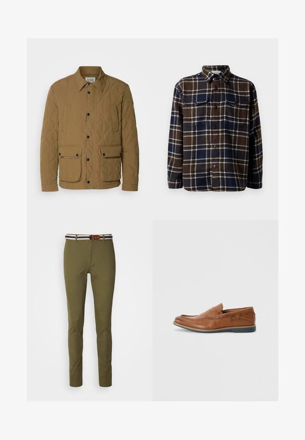 Jachetă matlasată de culoare bej închis, cu guler ascuțit, nasturi negri cu capse și patru buzunare cu cusături în contrast. Material moale, texturat.; Cămașă din flanel cu carouri maro și bleumarin, cu închidere prin butoni, două buzunare la piept și un guler clasic. Textură moale și greutate medie.; Pantaloni subțiri de culoare verde măsliniu, cu o finisare netedă, având un elastic în dungi în nuanțe de navy și alb și un accent cu buclă din piele maro.; Mocasini din piele maro cu vârf rotund, accente cusute și talpă joasă din cauciuc. Designul include o bandă pe partea superioară.