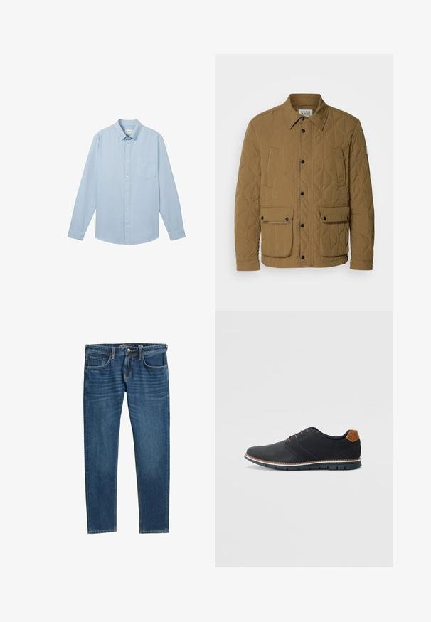 Prsluk od tkanine s kvadratnim uzorkom u tamnoj bež boji, s oštrim ovratnikom, crnim dugmadi za pritiskanje i četiri džepa s kontrastnim šavovima. Mekana, teksturirana tkanina.; Svijetloplava košulja dugih rukava izrađena od tkanine s teksturiranim uzorkom, s kragnom na dugme i jednim džepom na prsima.; Traperice tamnoplave boje s ravnim krojem, dizajnom s pet džepova i vidljivim šavovima. Imaju rajsferšlus i oznaku s logotipom.; Crne sintetičke cipele s teksturiranim gornjim dijelom, glatkim akcentima, smešnim petom i kontrastnom potplatom. Imaju minimalne vezice i detalje šivanja.