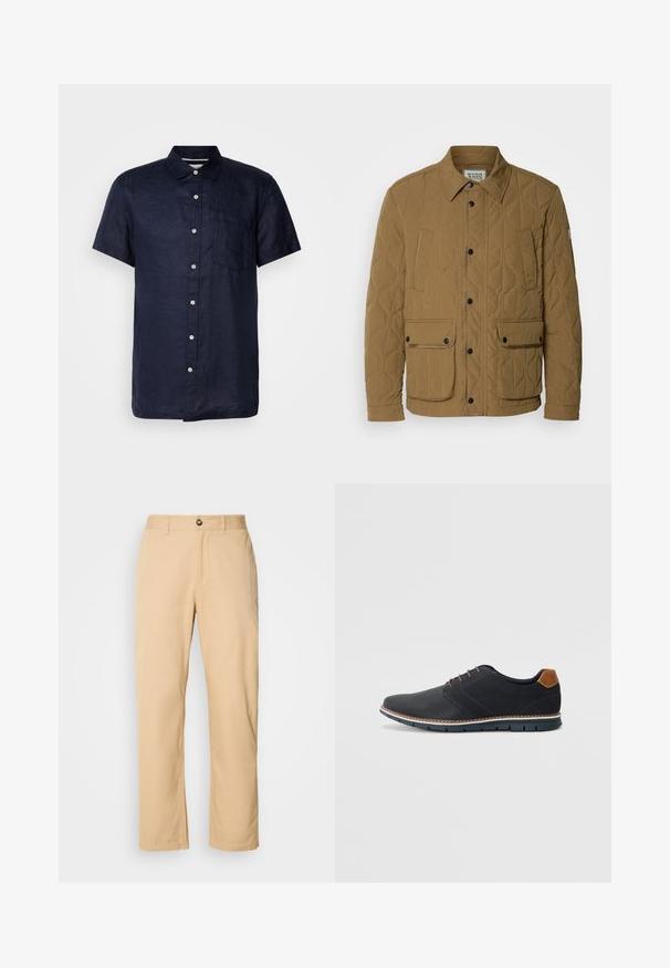 Jachetă matlasată de culoare bej închis, cu guler ascuțit, nasturi negri cu capse și patru buzunare cu cusături în contrast. Material moale, texturat.; Cămașă din in bleumarin cu mânecă scurtă, guler cu nasturi, buzunar frontal și nasturi albi, având un material texturat și un tiv drept.; Pantaloni din bumbac khaki cu un design drept, având închidere frontală cu buton și curea. Textură netedă și suprafață simplă.; Pantofi sintetici negri cu un superior texturat, accente netede, toc maro și o talpă contrastantă. Prezintă un șnur minimalist și detalii de cusătură.