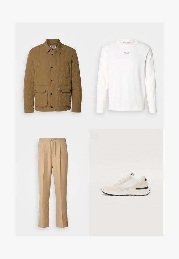 Tamsiai béžinės spalvos siuvinėtas švarkas, turintis smailią apykaklę, juodus spaudžiamuosius mygtukus ir keturias kišenes su kontrastingais siūlais. Minkšta, tekstūruota medžiaga.; Ilgaamžis baltas medvilninis marškinėlis su ilgomis rankovėmis. Turintis apvalią iškirptę ir mažą juodą logotipo tekstą, centruotą ant krūtinės. Minkšta tekstūra, kasdieniškas dizainas.; Šviesiai smėlio spalvos kelnės, pagamintos iš lygios medžiagos, būdingos raištelio juosmai, dviem klostėmis priekyje ir tiesiomis, laisvai krentančiomis kojomis patogumui.; Balti ir bežiniai sportbačiai, pagaminti iš zomšos ir tinklinio, su sluoksniuotu dizainu, juodu padu ir subtiliu prekių ženklų ženkliuku ant kulno.
